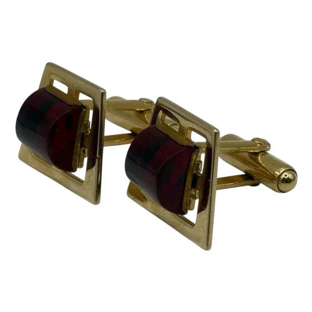 ANSON Cherry Red Lucite Cufflinks Tie Clip Bar Set Gold Tone Open Frame‎ Vintage
